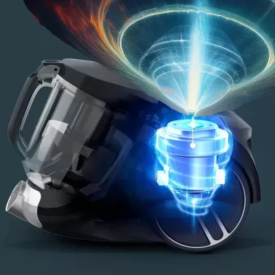 Aspirador sem saco preto com filtro visível e efeito gráfico azul no mecanismo interno