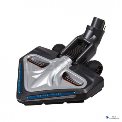 Cabeça de aspirador triangular preto e cinzento com detalhes em azul