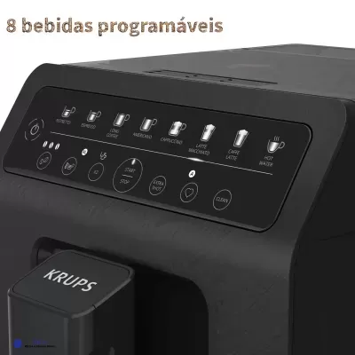 Máquina de café Krups preta com painel de controlo e 8 bebidas programáveis