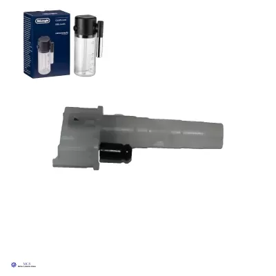 Acessório plástico branco translúcido com botão preto para máquina de café DeLonghi e caixa azul ao fundo