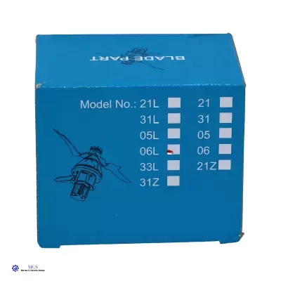 Caixa azul com texto branco e desenho técnico de peça metálica, com marcação em Model No. 06L