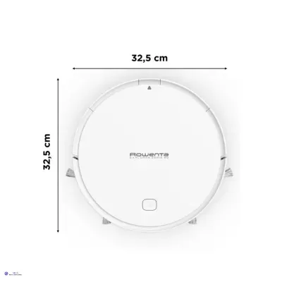 Robô aspirador branco da marca ROWENTA com dimensões 32,5x32,5 cm