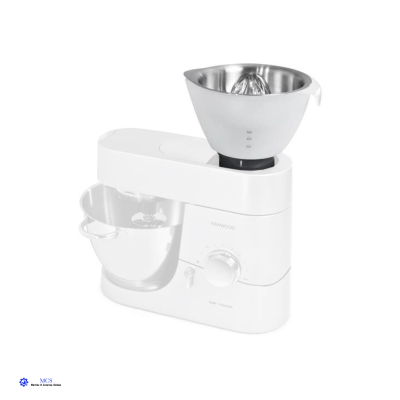 Batedeira Kenwood branca com taça transparente e espremedor metálico no topo