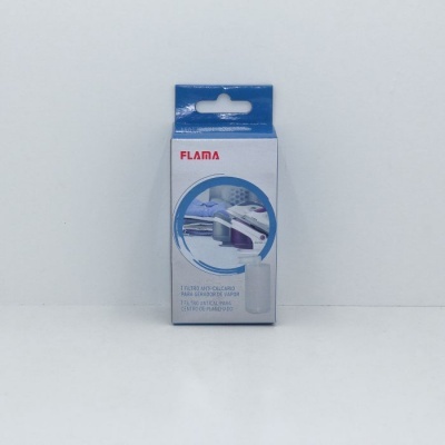 Embalagem do produto FLAMA para tubo anticálcário de ferro de vapor, cores branca e azul.