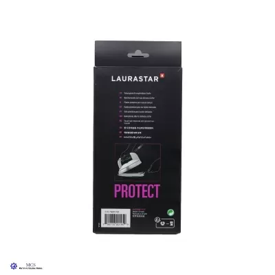 Embalagem preta do produto LAURASTAR PROTECT com texto e imagem de ferro de engomar