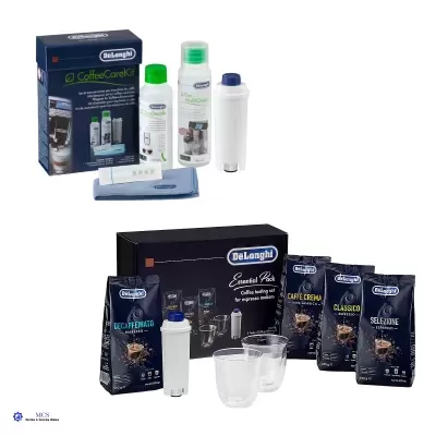 Conjunto de manutenção e café DeLonghi com frascos plásticos, pano, copos e embalagens de café