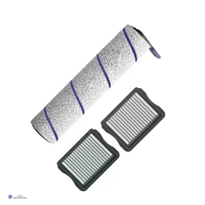 Rolo de pintura branco com linhas roxas e dois filtros quadrados pretos