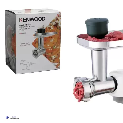 Moedor de carne metálico com embalagem Kenwood ao lado