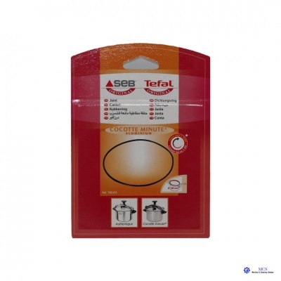 Embalagem vermelha e branca de junta para panela de pressão SEB Tefal, com janela oval transparente