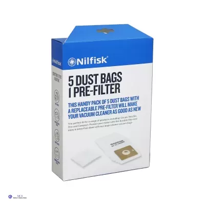 Embalagem de sacos de pó e pré-filtro Nilfisk azul e branca