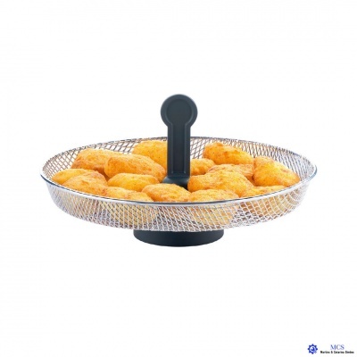 Cesto redondo em metal com base e suporte pretos contendo pão dourado