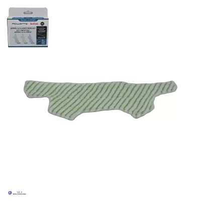 Pano de microfibra branco com riscas verdes para aspirador e embalagem com texto