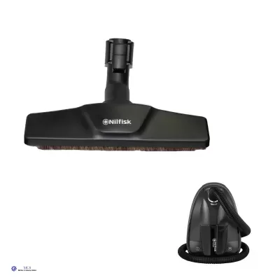 Escova preta Nilfisk com cerdas castanhas e aspirador de pó compacto preto Nilfisk