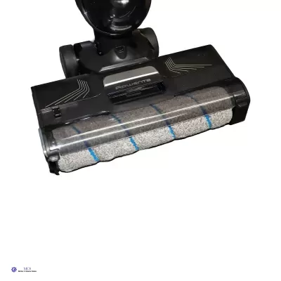 Cabeça de aspirador de pó preta com rolo texturizado cinzento e linhas azuis