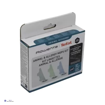 Caixa de kit de mops para alergias e animais Rowenta Tefal com três mops visíveis.