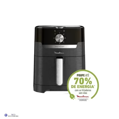 Fritadeira elétrica preta Moulinex com mostrador redondo e selo de economia de energia