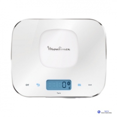 Balança digital de cozinha branca com visor azul e marca 'Moulinex'