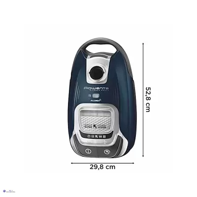 aspirador de pó Rowenta Allergy azul e cinza com filtro visível e medidas indicadas