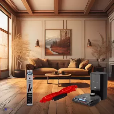 Sala de estar com sofá castanho, mesas de centro, quadro de paisagem e três aspiradores robot no chão