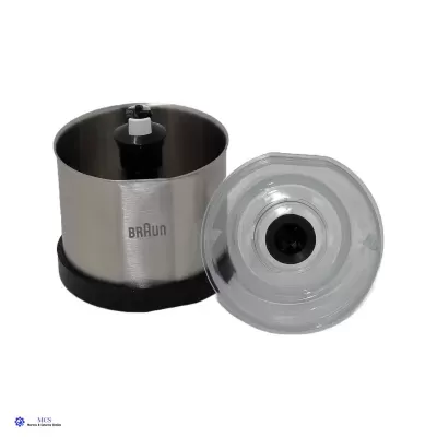 Taça metálica prateada com tampa transparente e base preta, marca Braun