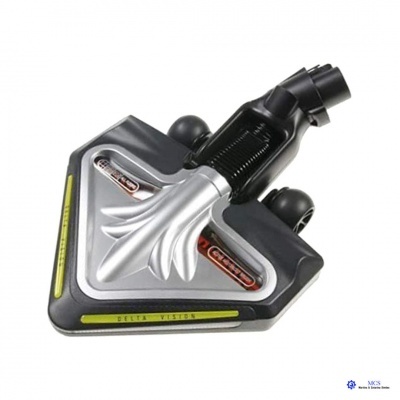 Cabeça de aspirador triangular em plástico preto e cinza com detalhes amarelos e vermelhos