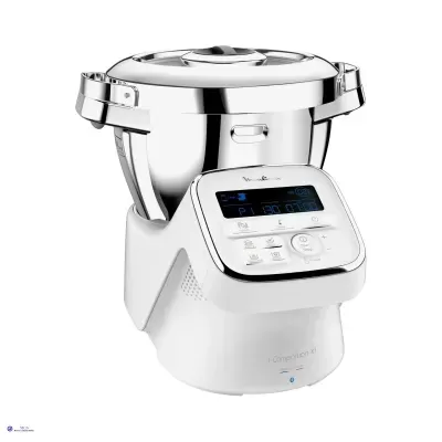 Robot de cozinha branco com taça inox e visor digital azul