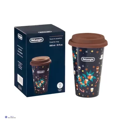 Mug de cerâmica colorido com tampa marrom e embalagem azul