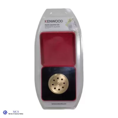 Acessório Kenwood Pasta Shaper Die Spaghetti Quadrati embalado em plástico transparente com moldura vermelha e placa dourada.