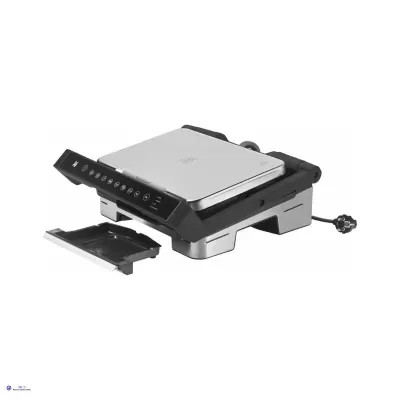 Grelhador elétrico em aço inoxidável e preto com painel de botões e bandeja recolhe-gordura aberta