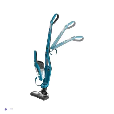 Aspirador vertical azul turquesa com pega ajustável e escova de limpeza