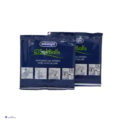 Pacotes azuis de esferas anti-calcário DeLonghi SoftBalls com instruções