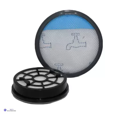 Filtros redondos brancos com estrutura preta e estampas azuis de torneiras