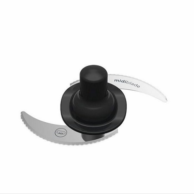 Lâmina curva em aço inoxidável com base preta e texto midiblade