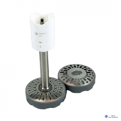 Dispositivo branco e cinza Masher Pro com acessórios redondos