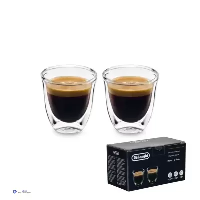 Dois copos de vidro duplo para café espresso com caixa DeLonghi preta