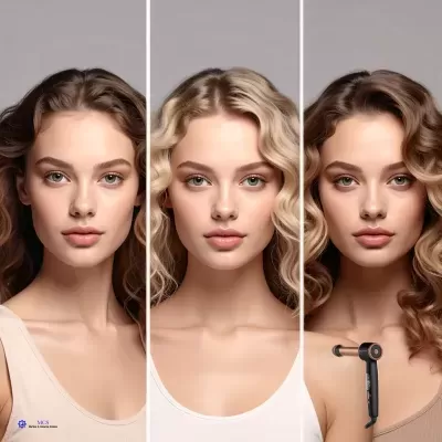 Três retratos verticais da mesma mulher com diferentes estilos de cabelo e um modelador de cabelo preto e dourado no canto