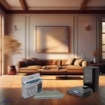 Sala de estar com sofá castanho, mesa de centro, plantas e produtos para limpeza no chão