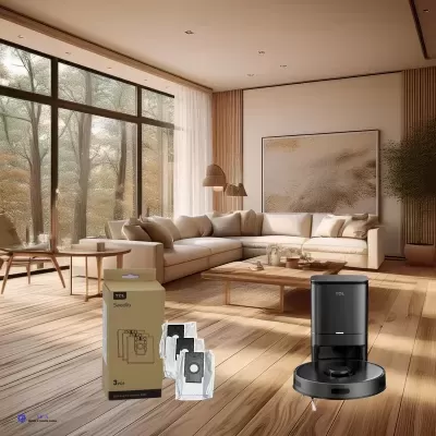 Robot aspirador preto em sala com sofá e janela grande, embalagem de sacos filtrantes ao lado.