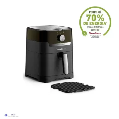 Frigideira elétrica preta Moulinex com grelha preta e texto promocional de economia de energia