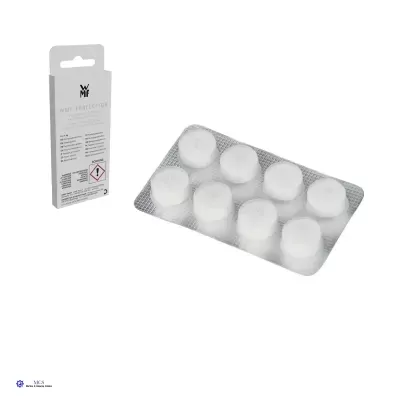 Produto com embalagem branca e blister com oito pastilhas brancas, com texto e símbolos de segurança.