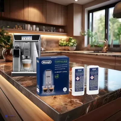 Máquina de café espresso DeLonghi inox, líquidos de limpeza e embalagem sobre bancada de mármore na cozinha moderna