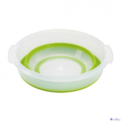 Recipiente redondo de plástico com tampa translúcida e base verde