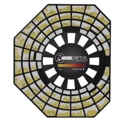 Filtro de ar circular preto com padrão branco e amarelo e etiqueta central preta com texto.