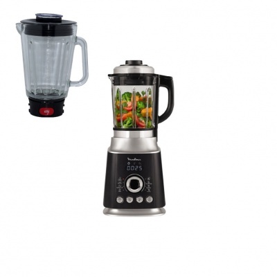 Liquidificadora com jarro de vidro e painel digital preto e prata