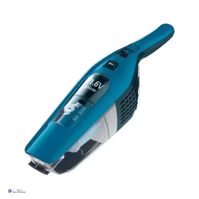 Aspirador portátil azul com indicação 11,6V LÍTIUM no corpo