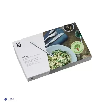 Conjunto de talheres WMF em caixa branca com imagem de esparguete.