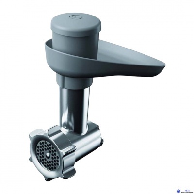 Picadora de carne cinza e aço inoxidável com parte superior em plástico e corpo metálico cilíndrico