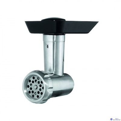 Moedor de carne em metal prateado com tampa preta