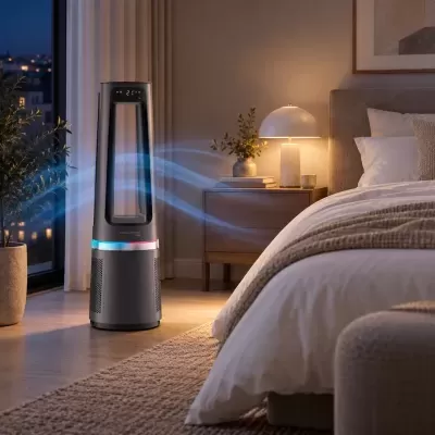 Ventoinha de torre negra e cinzenta com visor digital num quarto moderno à noite