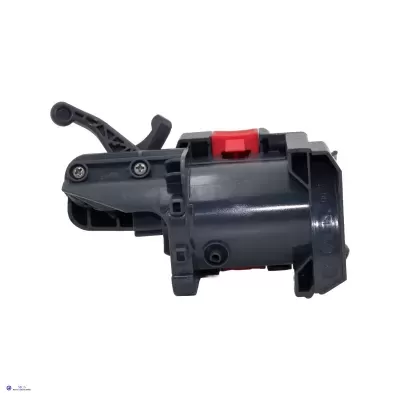 Peça mecânica cinzenta com alavanca preta e componente vermelho